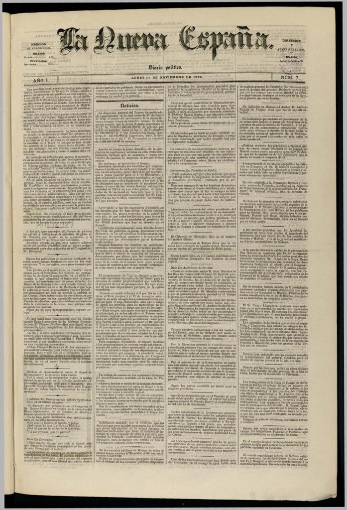 Miniatura de Diario Político La Nueva España del 11 de noviembre de 1872