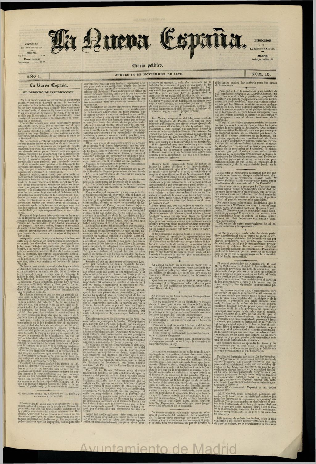 Miniatura de Diario Político La Nueva España del 14 de noviembre de 1872