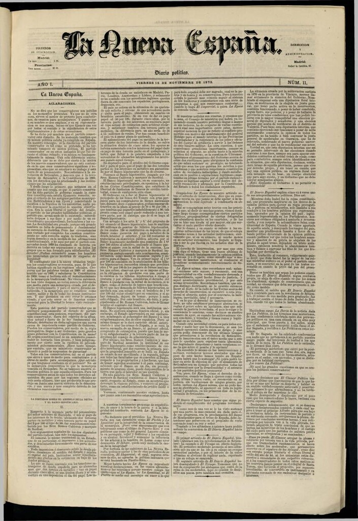 Miniatura de Diario Político La Nueva España del 15 de noviembre de 1872