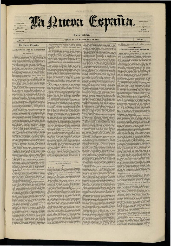 Miniatura de Diario Político La Nueva España del 21 de noviembre de 1872