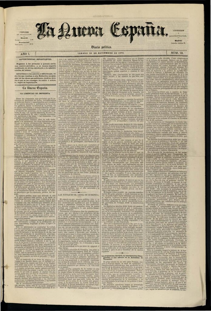Miniatura de Diario Político La Nueva España del 23 de noviembre de 1872
