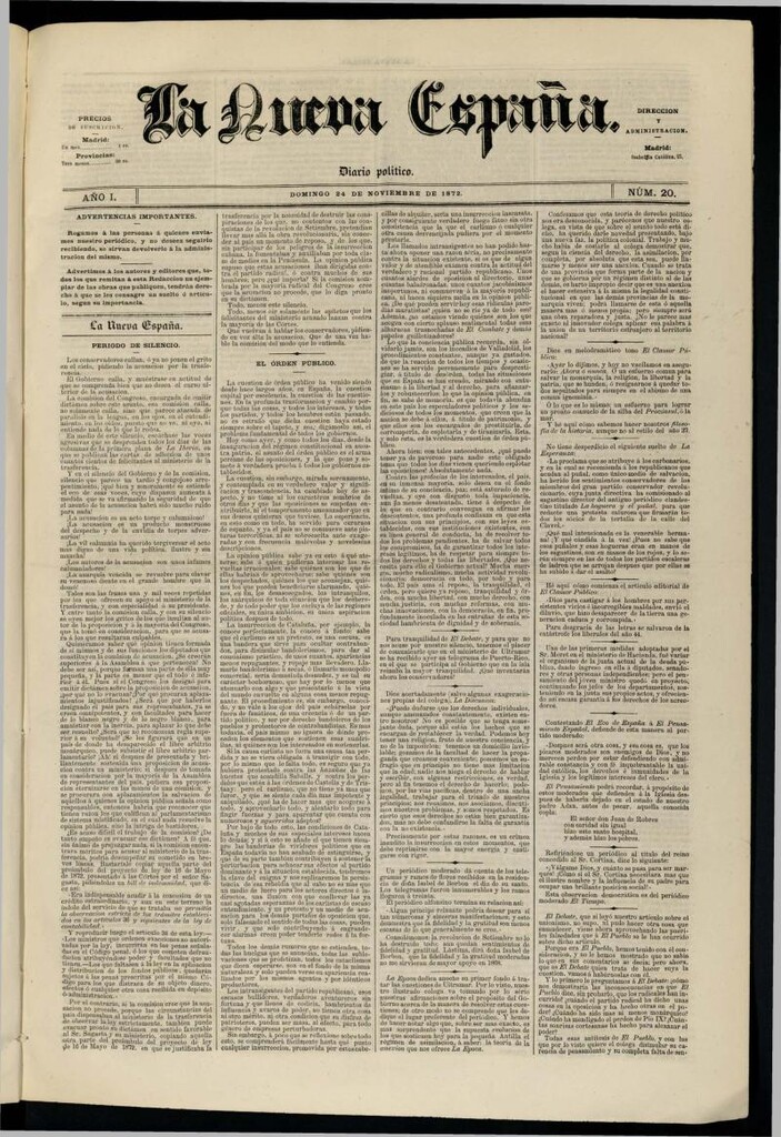 Miniatura de Diario Político La Nueva España del 24 de noviembre de 1872
