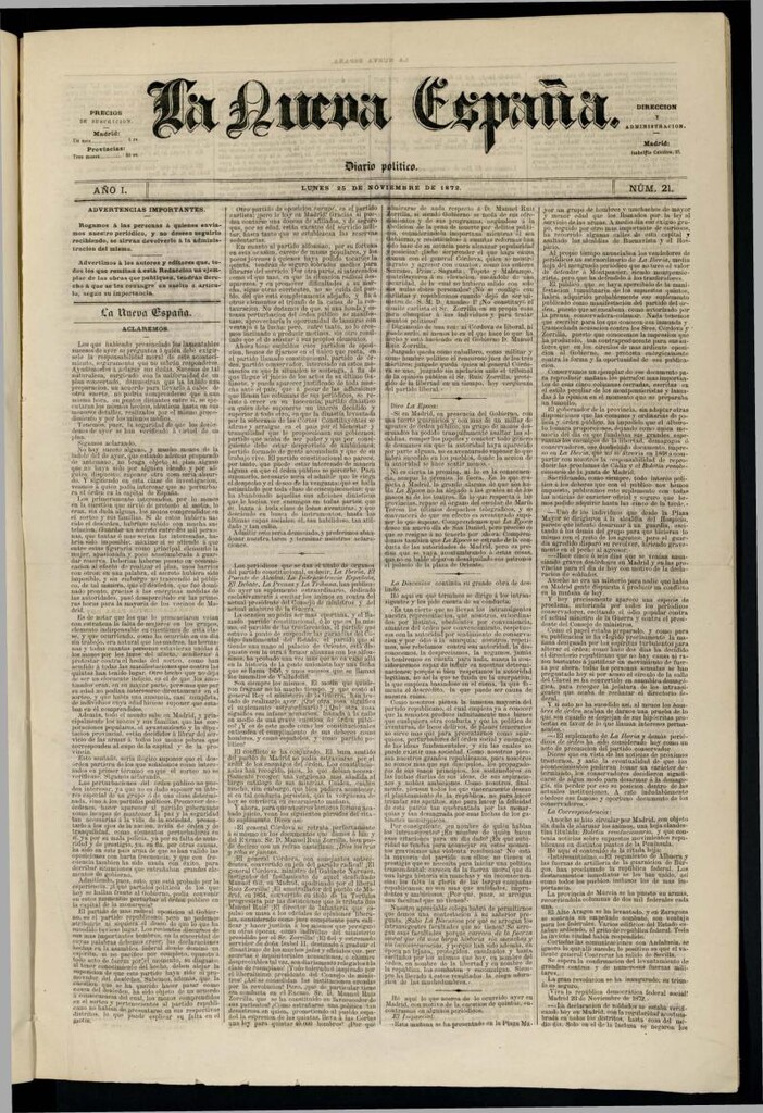 Miniatura de Diario Político La Nueva España del 25 de noviembre de 1872