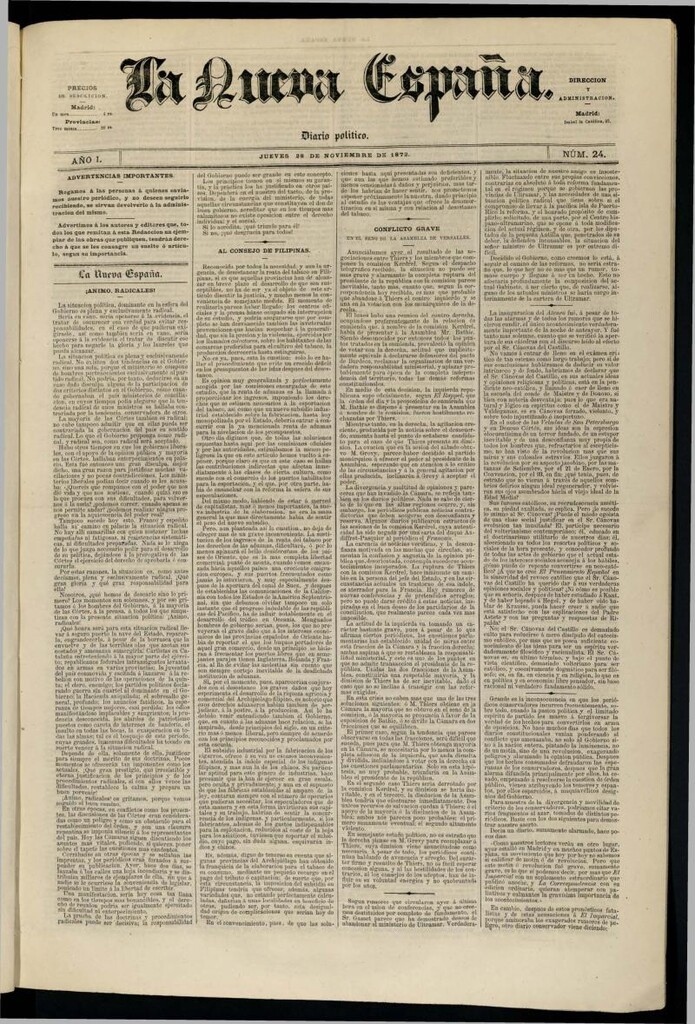 Miniatura de Diario Político La Nueva España del 28 de noviembre de 1872