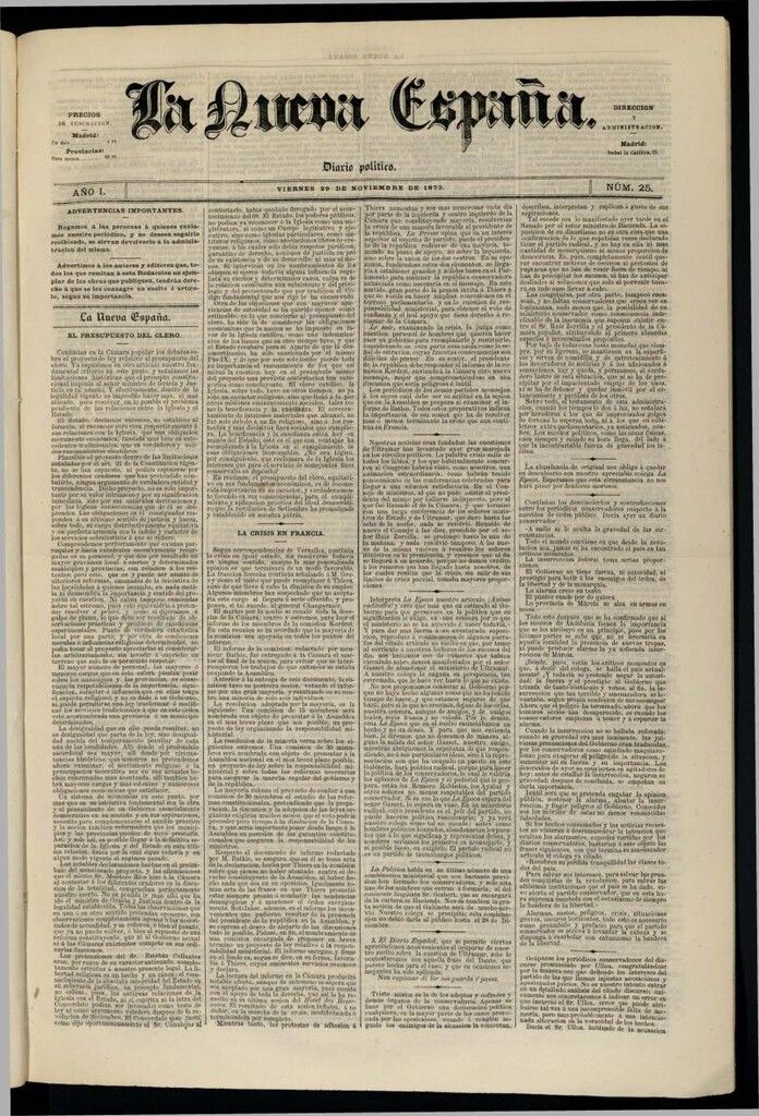 Miniatura de Diario Político La Nueva España del 29 de noviembre de 1872