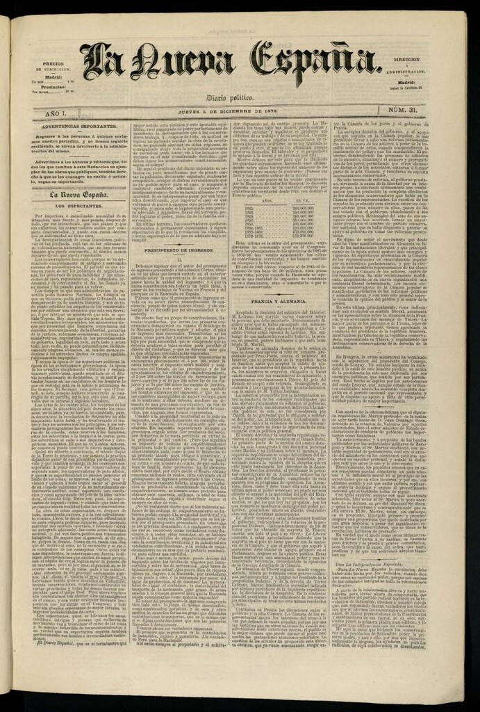Miniatura de Diario Político La Nueva España del 5 de diciembre de 1872