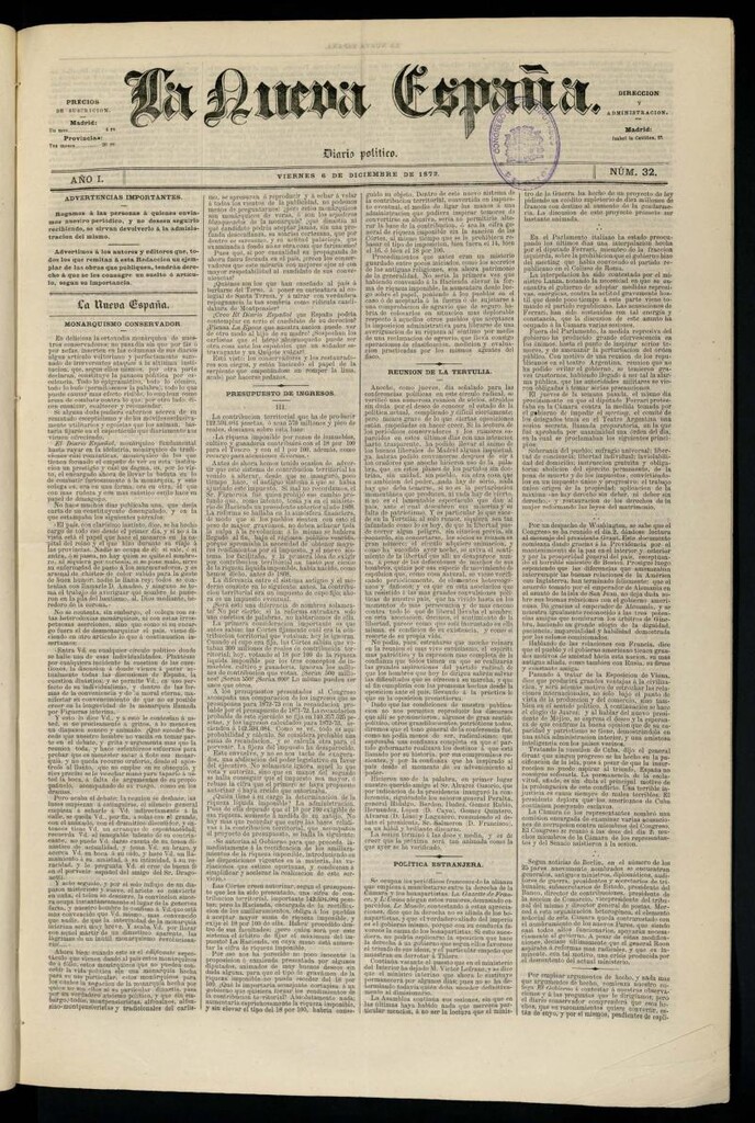 Miniatura de Diario Político La Nueva España del 6 de diciembre de 1872