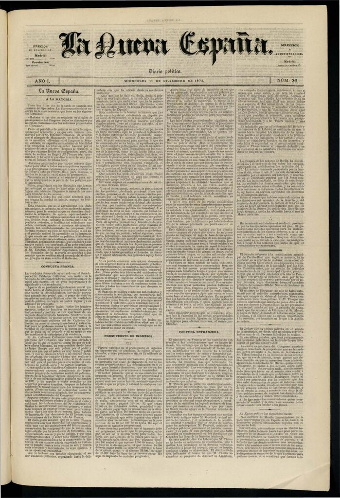 Miniatura de Diario Político La Nueva España del 11 de diciembre de 1872