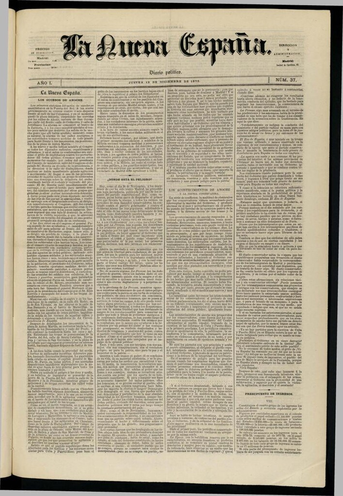 Miniatura de Diario Político La Nueva España del 12 de diciembre de 1872