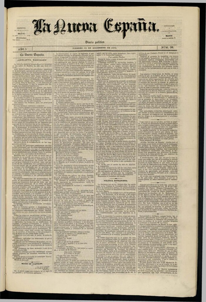 Miniatura de Diario Político La Nueva España del 13 de diciembre de 1872