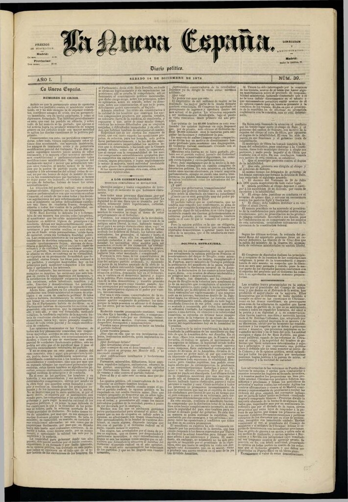 Miniatura de Diario Político La Nueva España del 14 de diciembre de 1872