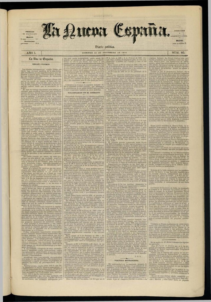 Miniatura de Diario Político La Nueva España del 15 de diciembre de 1872