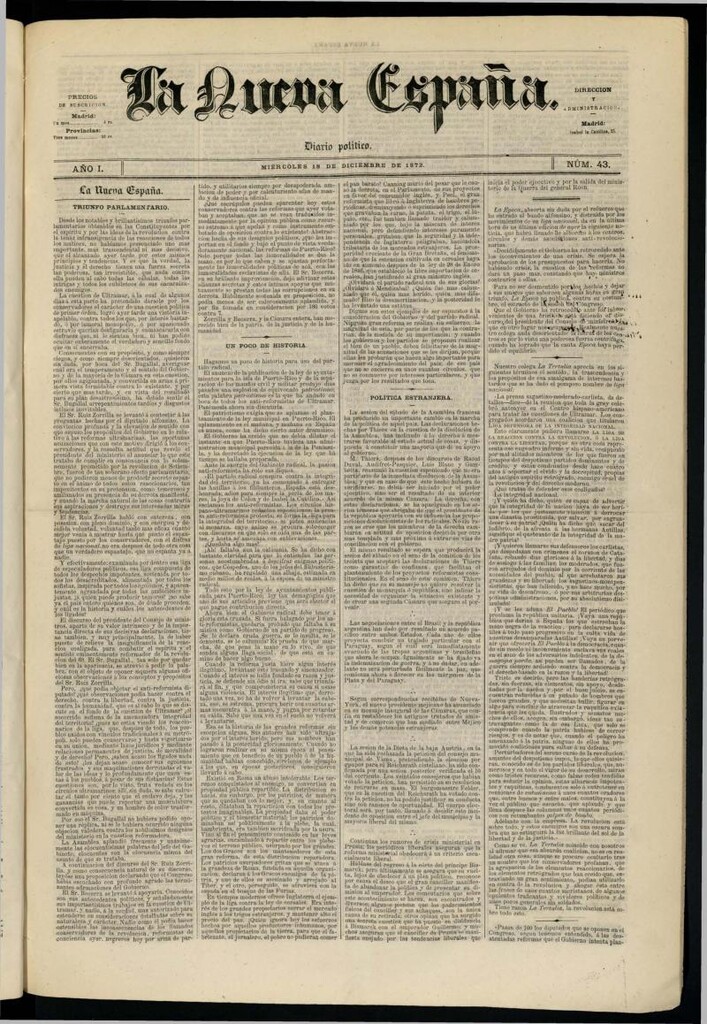 Miniatura de Diario Político La Nueva España del 18 de diciembre de 1872