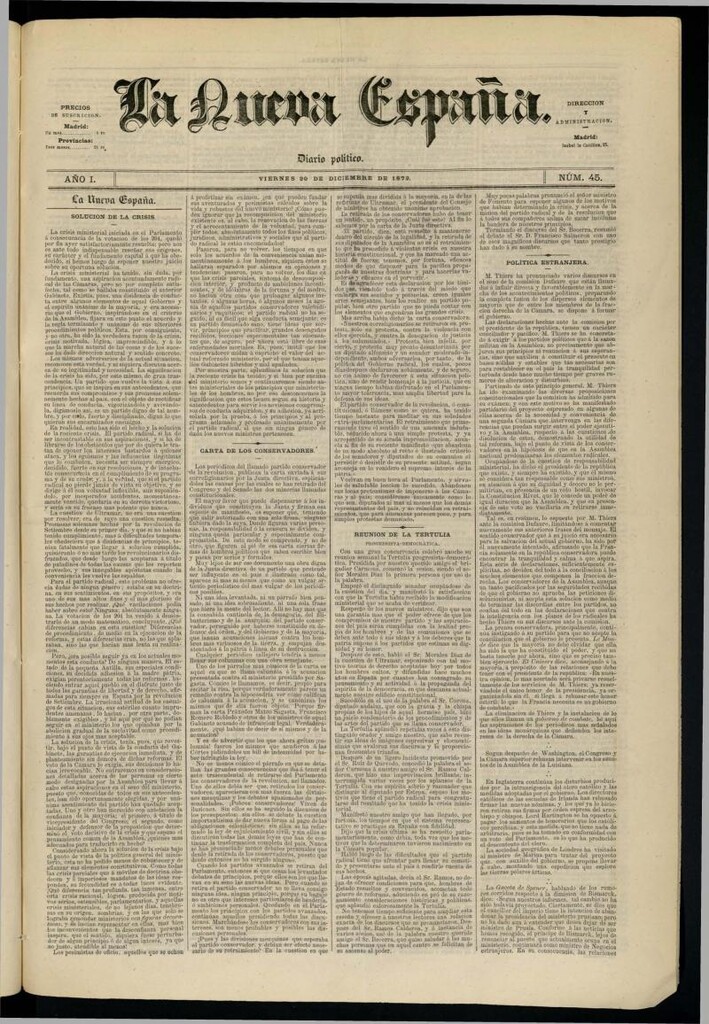 Miniatura de Diario Político La Nueva España del 20 de diciembre de 1872