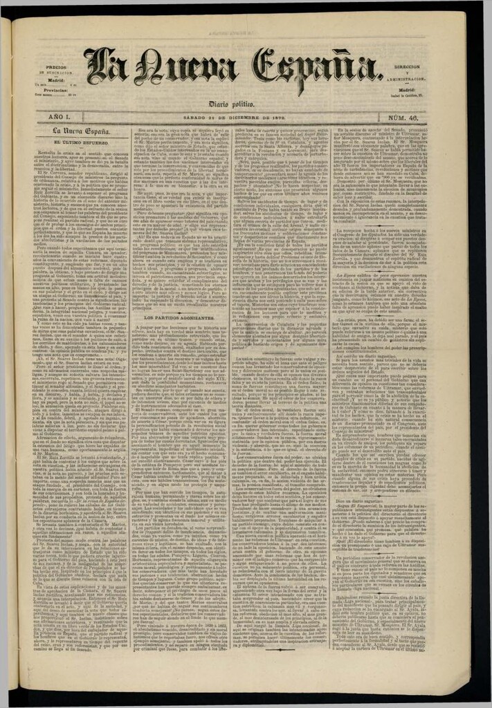 Miniatura de Diario Político La Nueva España del 21 de diciembre de 1872