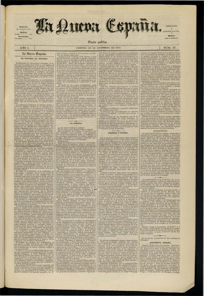 Miniatura de Diario Político La Nueva España del 22 de diciembre de 1872