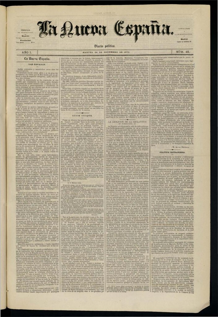 Miniatura de Diario Político La Nueva España del 24 de diciembre de 1872
