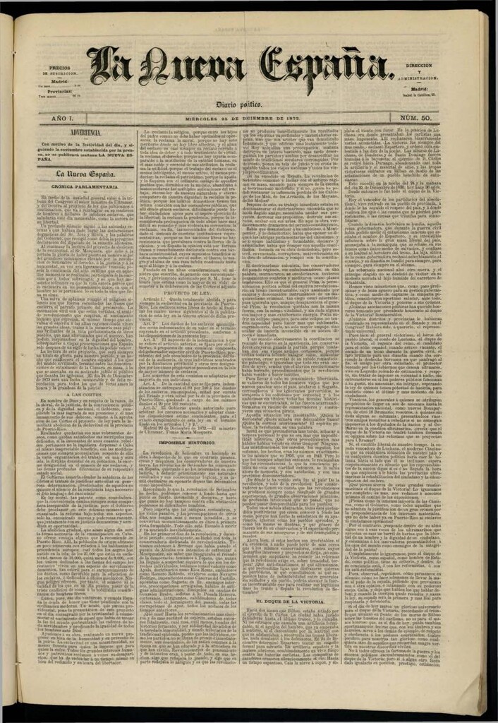 Miniatura de Diario Político La Nueva España del 25 de diciembre de 1872
