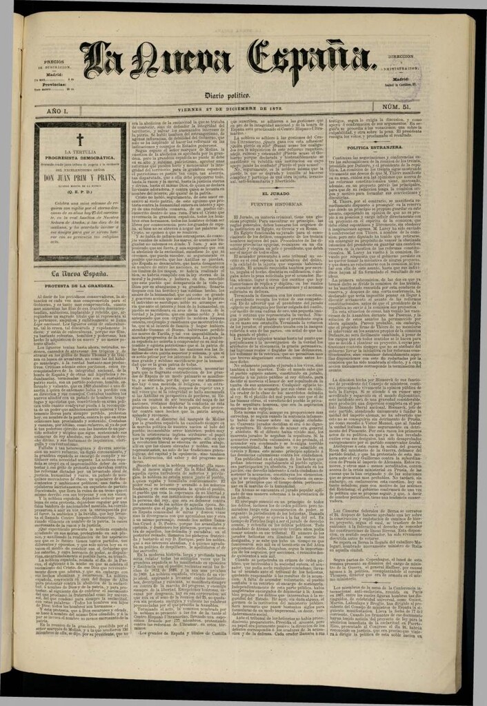 Miniatura de Diario Político La Nueva España del 27 de diciembre de 1872