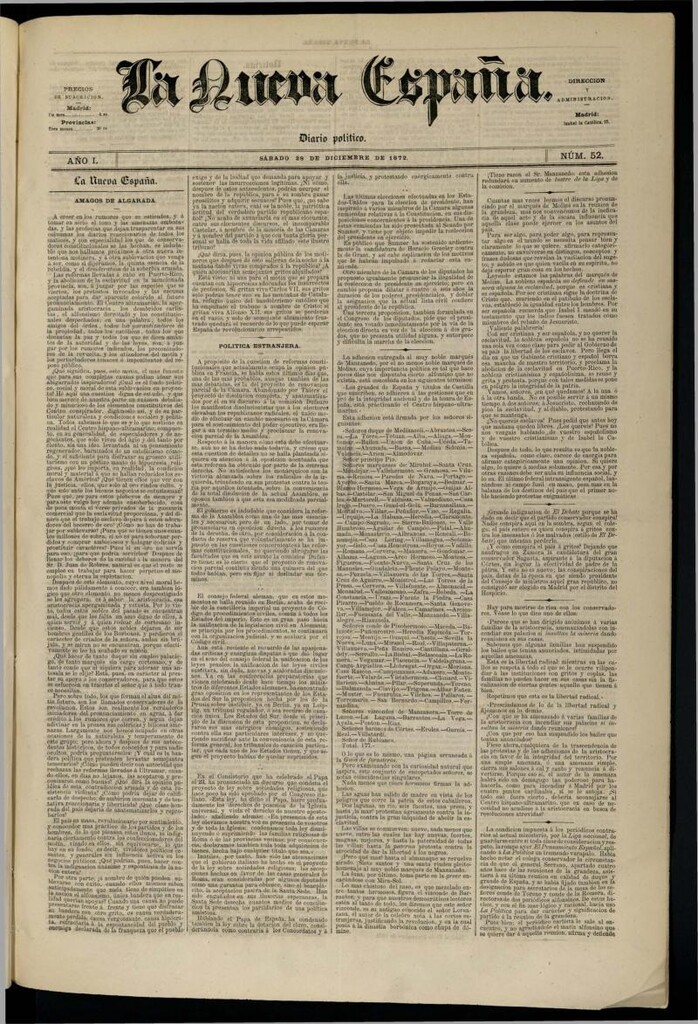 Miniatura de Diario Político La Nueva España del 28 de diciembre de 1872