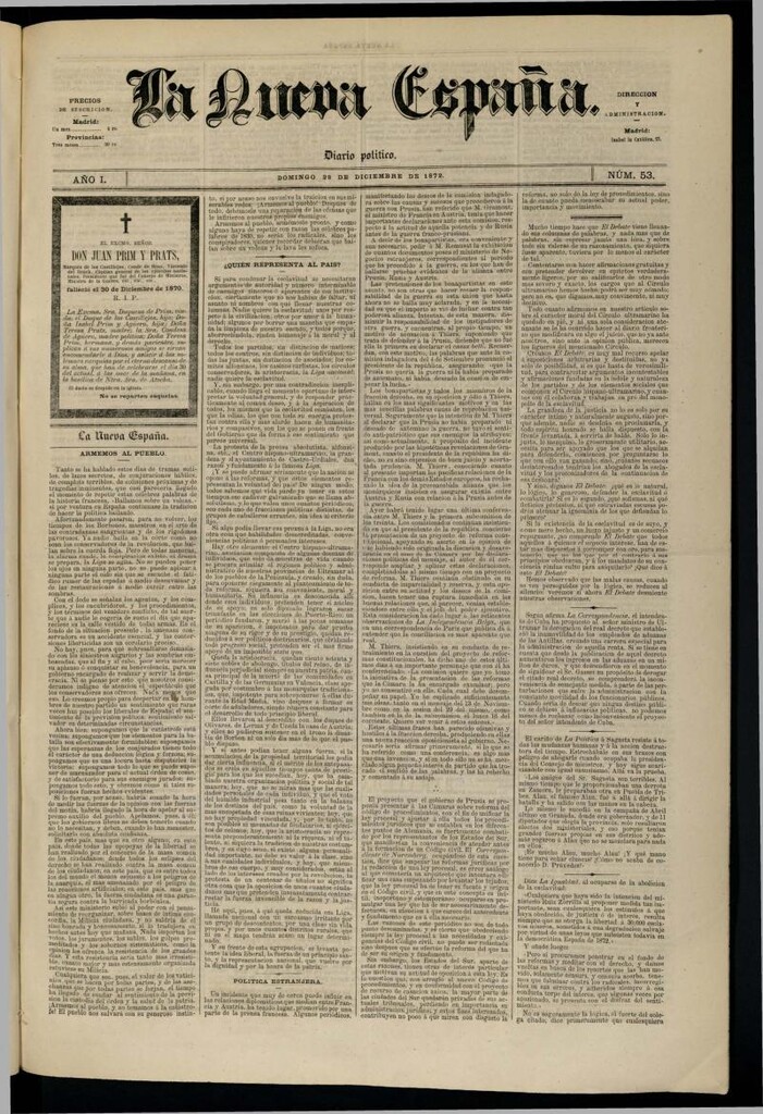 Miniatura de Diario Político La Nueva España del 29 de diciembre de 1872