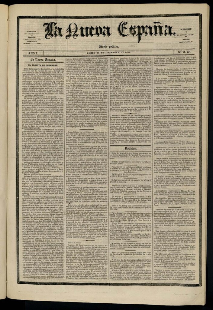 Miniatura de Diario Político La Nueva España del 30 de diciembre de 1872