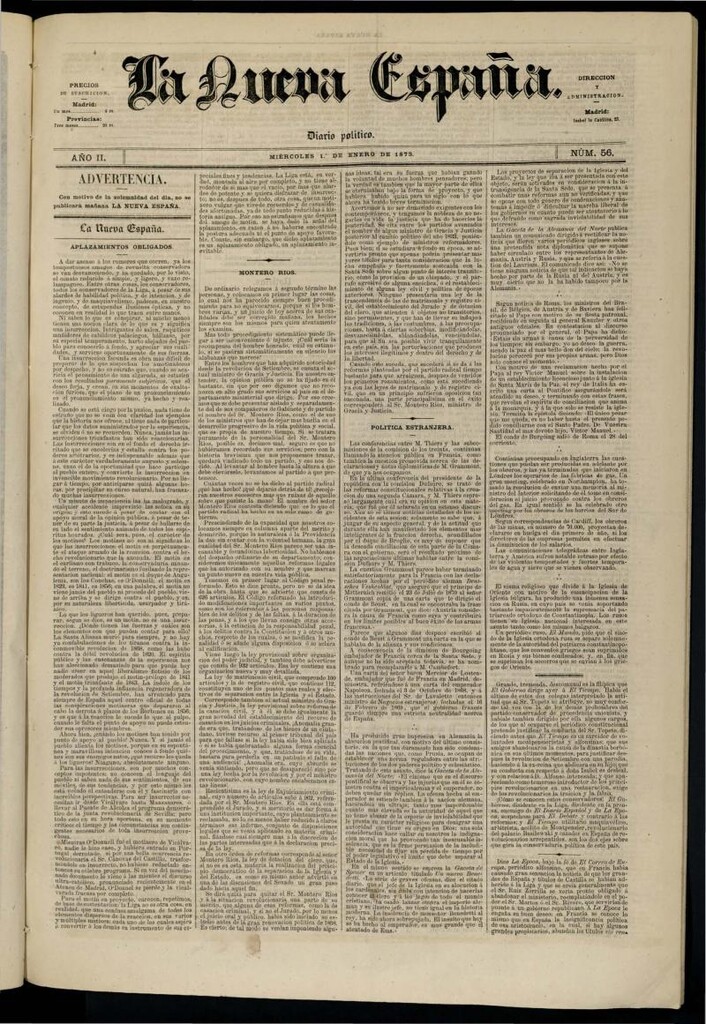Miniatura de Diario Político La Nueva España del 1 de enero de 1873