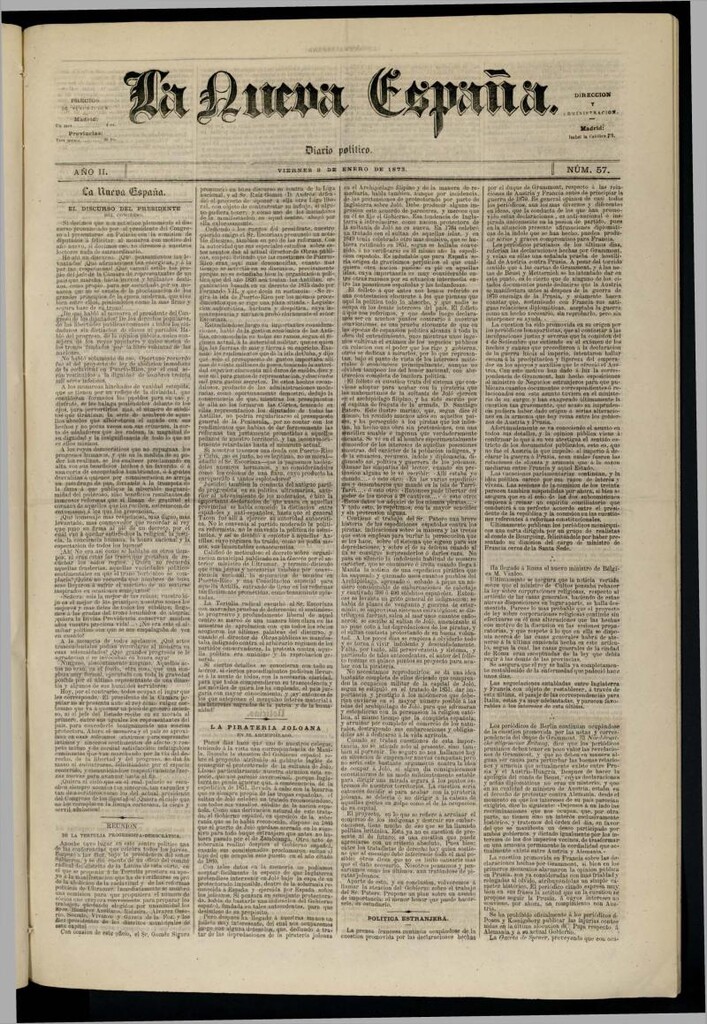 Miniatura de Diario Político La Nueva España del 2 de enero de 1873