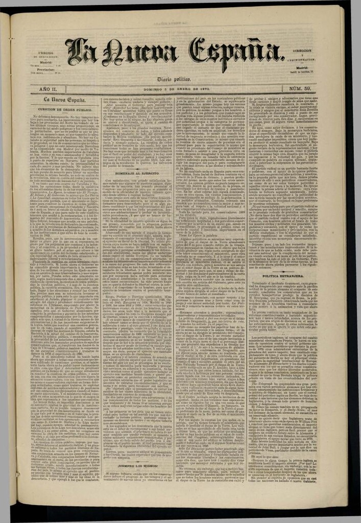 Miniatura de Diario Político La Nueva España del 5 de enero de 1873