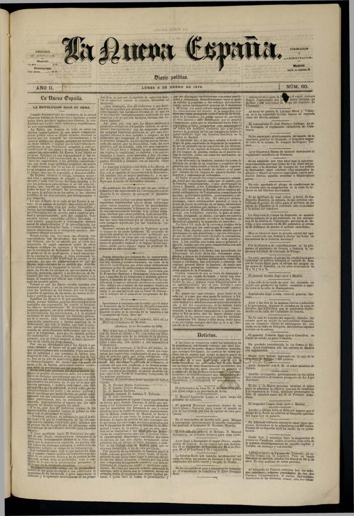 Miniatura de Diario Político La Nueva España del 6 de enero de 1873