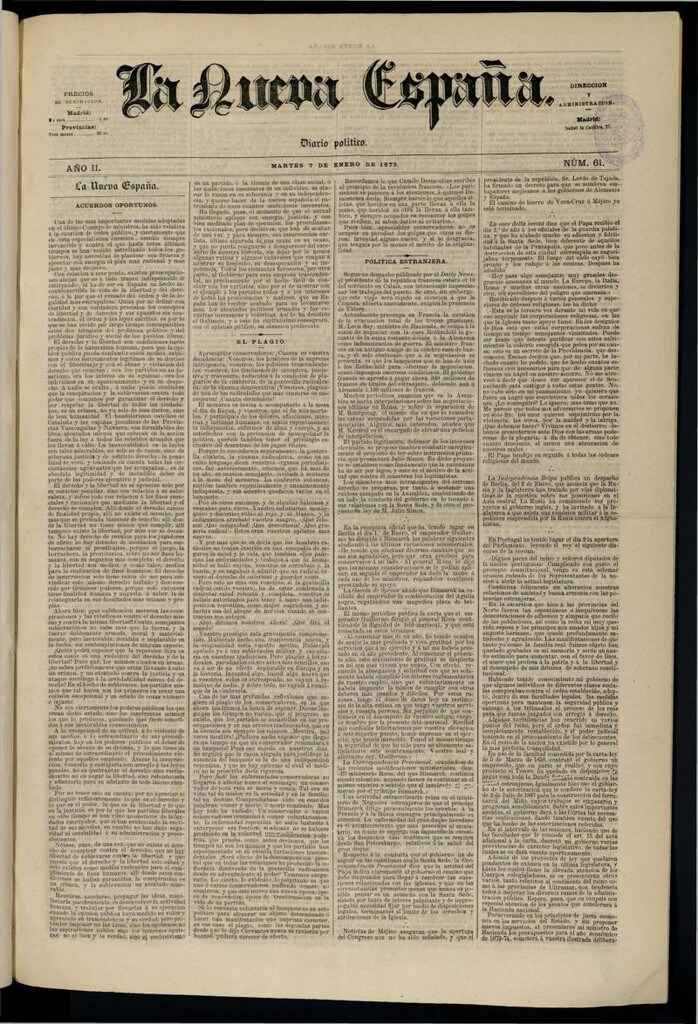 Miniatura de Diario Político La Nueva España del 7 de enero de 1873