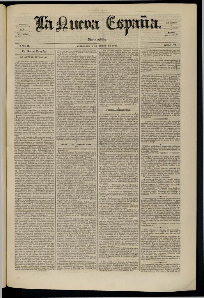 Miniatura de Diario Político La Nueva España del 8 de enero de 1873