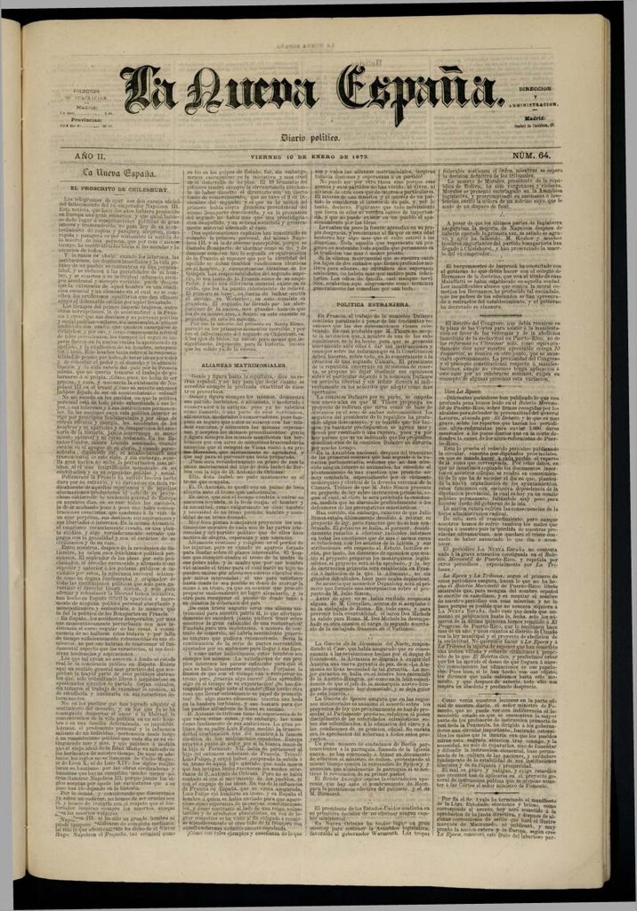 Miniatura de Diario Político La Nueva España del 10 de enero de 1873