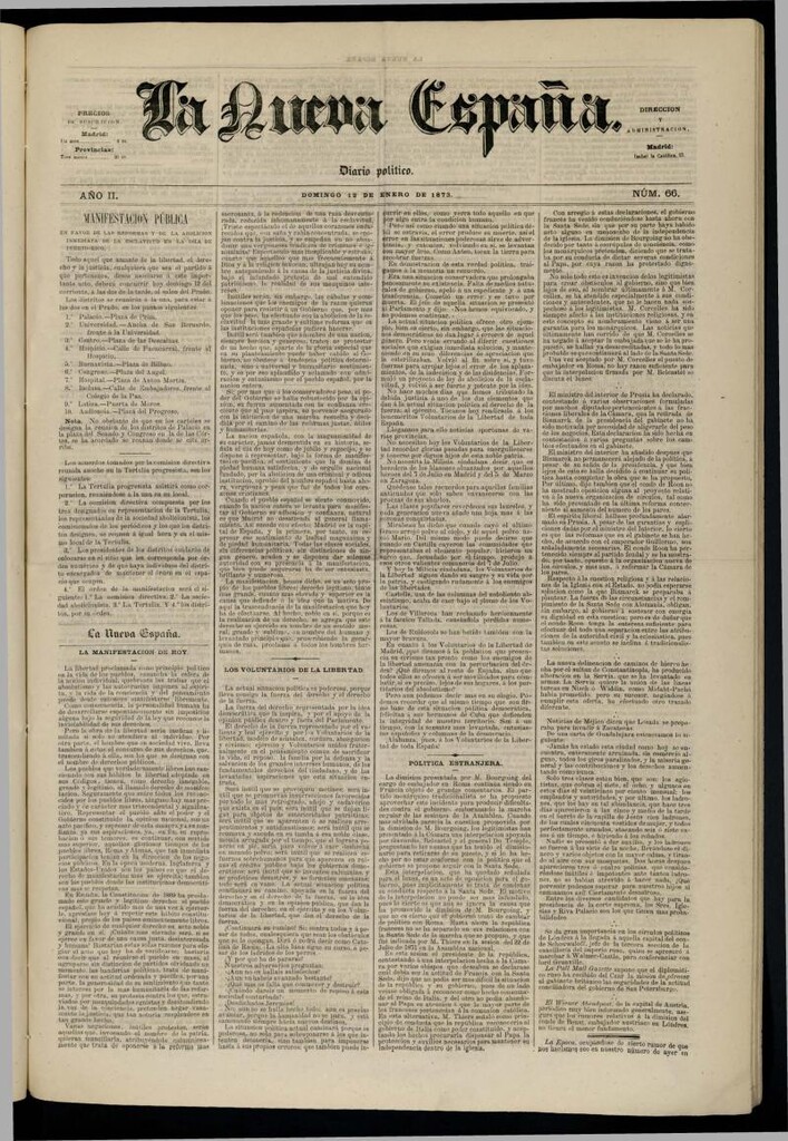 Miniatura de Diario Político La Nueva España del 12 de enero de 1873