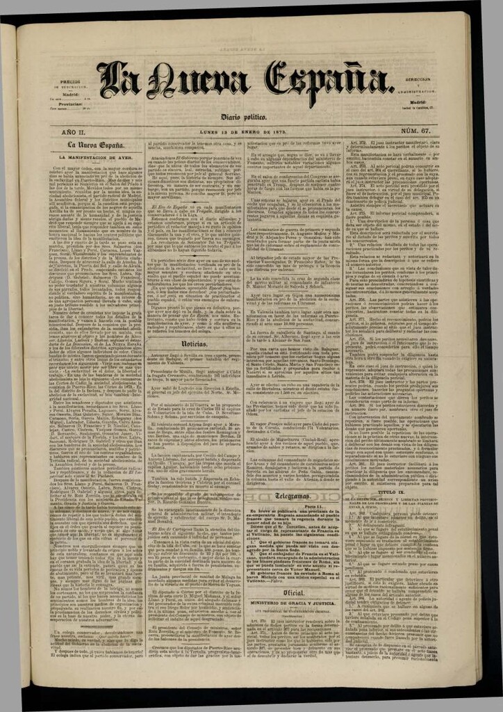 Miniatura de Diario Político La Nueva España del 13 de enero de 1873