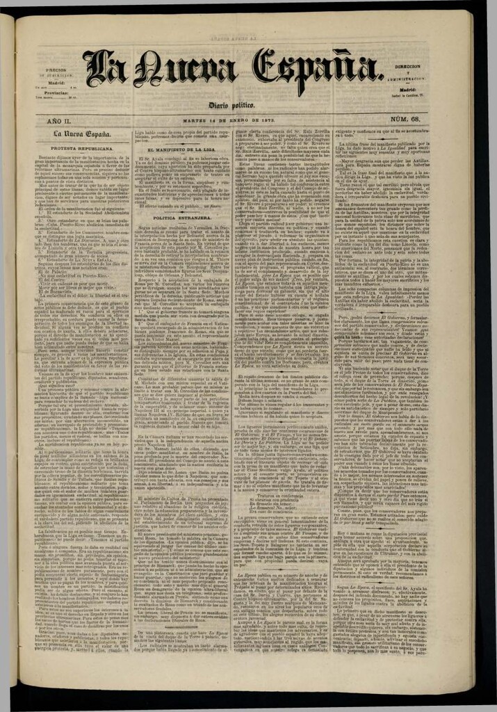 Miniatura de Diario Político La Nueva España del 14 de enero de 1873