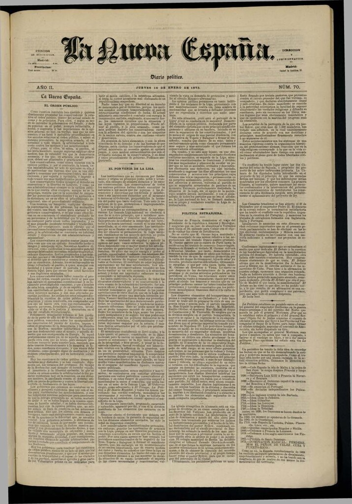Miniatura de Diario Político La Nueva España del 16 de enero de 1873