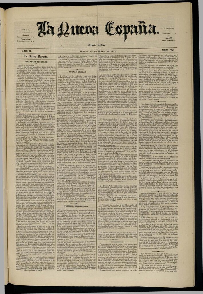 Miniatura de Diario Político La Nueva España del 18 de enero de 1873