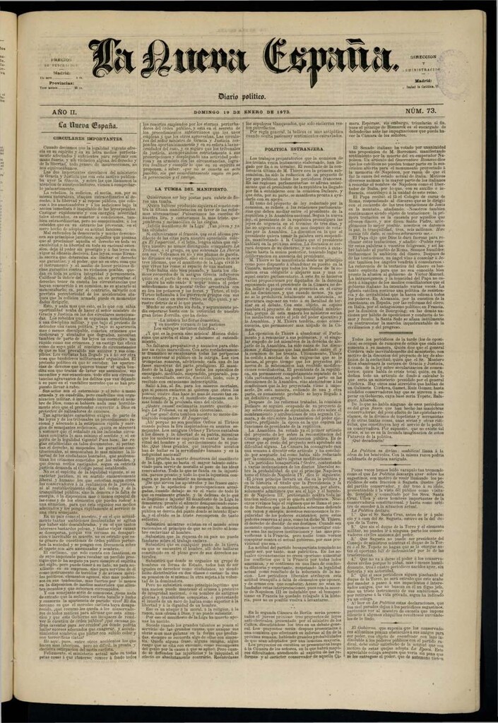 Miniatura de Diario Político La Nueva España del 19 de enero de 1873
