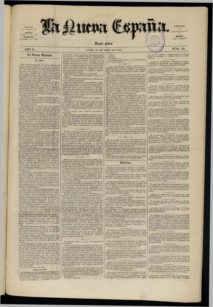 Miniatura de Diario Político La Nueva España del 20 de enero de 1873