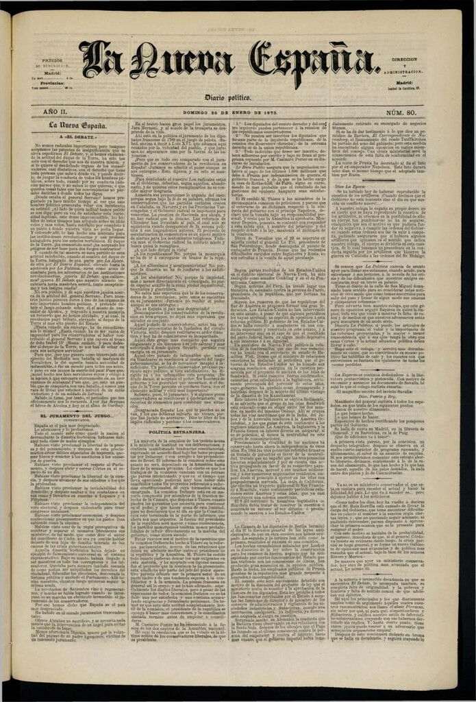 Miniatura de Diario Político La Nueva España del 26 de enero de 1873