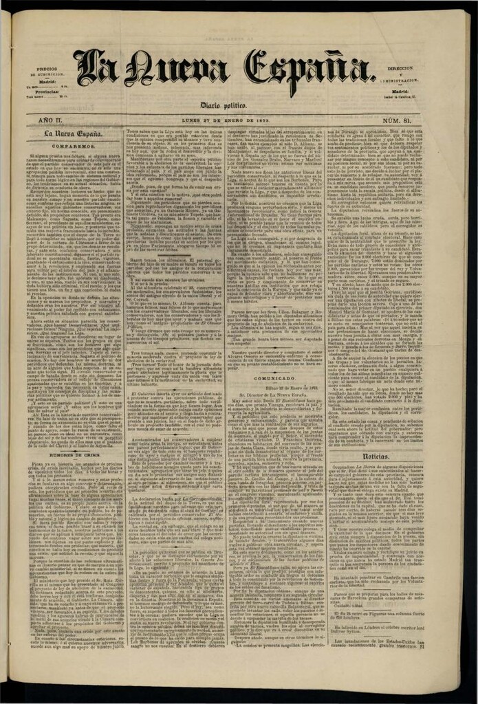 Miniatura de Diario Político La Nueva España del 27 de enero de 1873