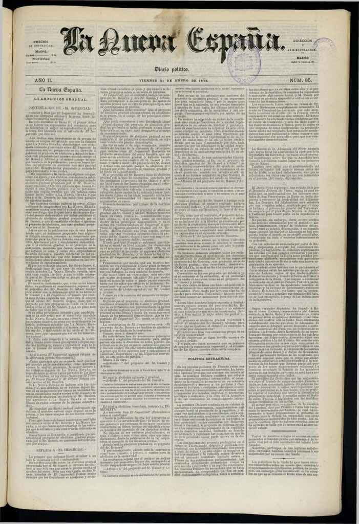 Miniatura de Diario Político La Nueva España del 31 de enero de 1873