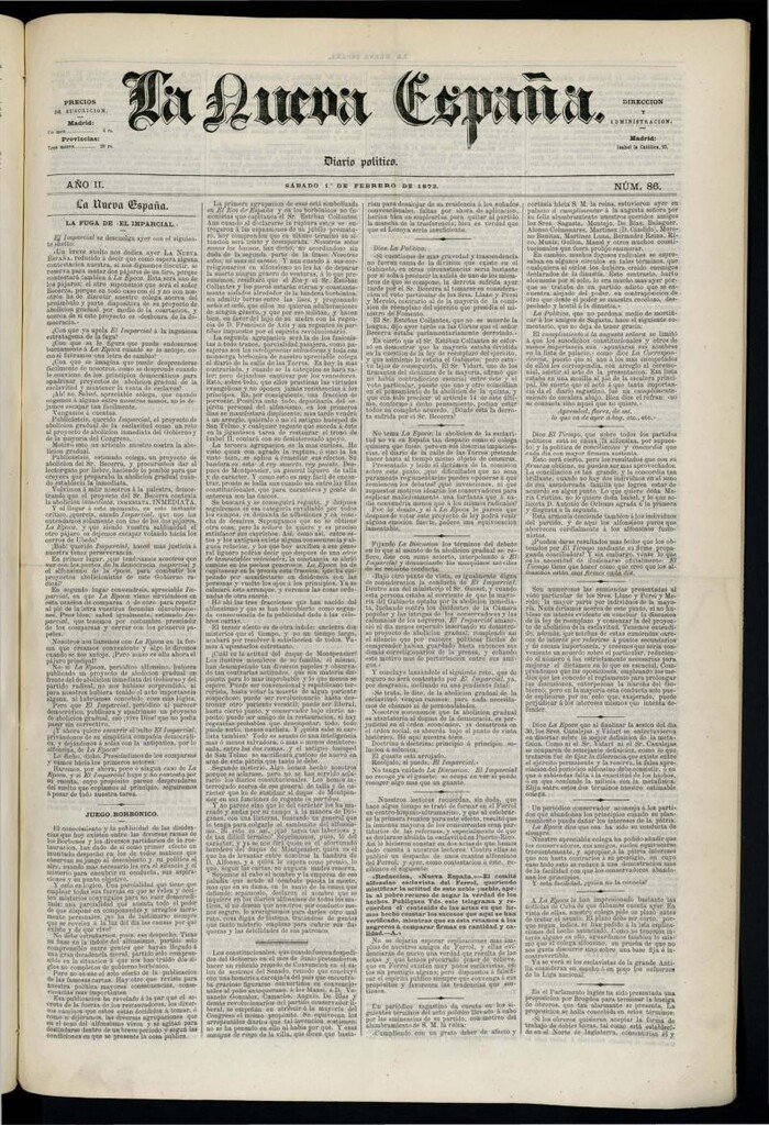 Miniatura de Diario Político La Nueva España del 1 de febrero de 1873