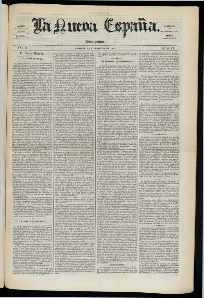 Miniatura de Diario Político La Nueva España del 2 de febrero de 1873
