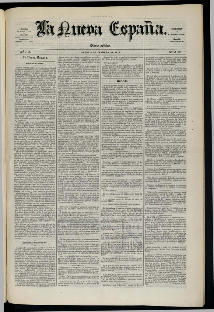 Miniatura de Diario Político La Nueva España del 3 de febrero de 1873