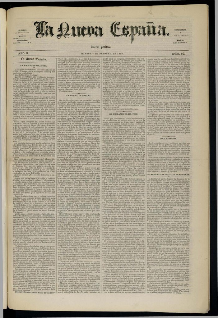 Miniatura de Diario Político La Nueva España del 4 de febrero de 1873