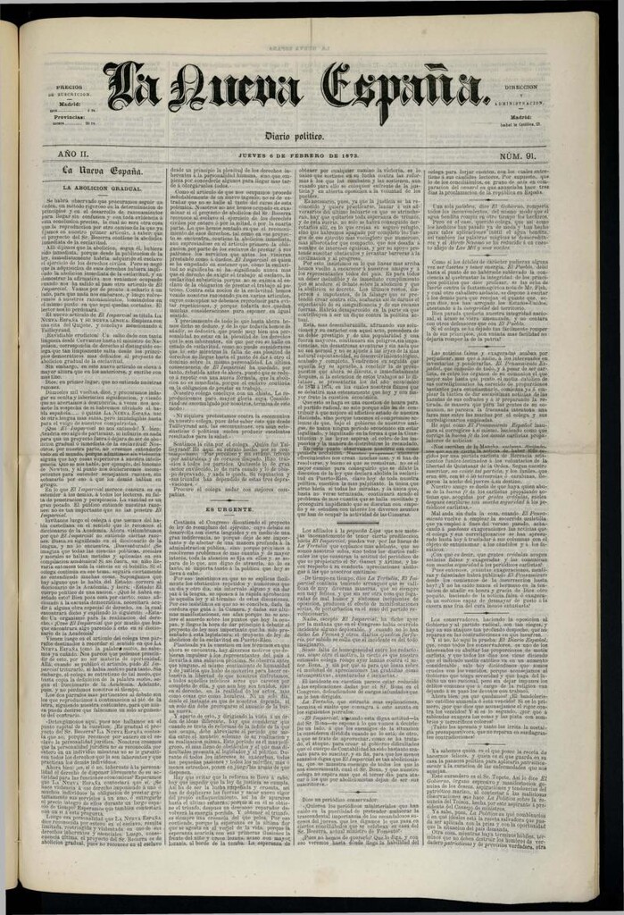 Miniatura de Diario Político La Nueva España del 6 de febrero de 1873