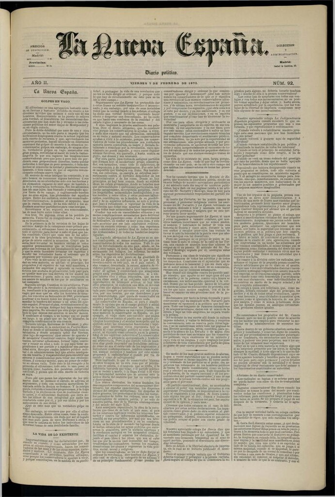 Miniatura de Diario Político La Nueva España del 7 de febrero de 1873