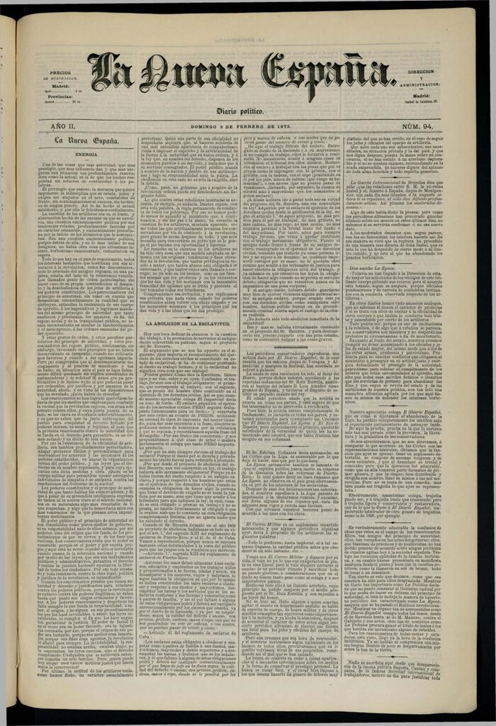 Miniatura de Diario Político La Nueva España del 9 de febrero de 1873